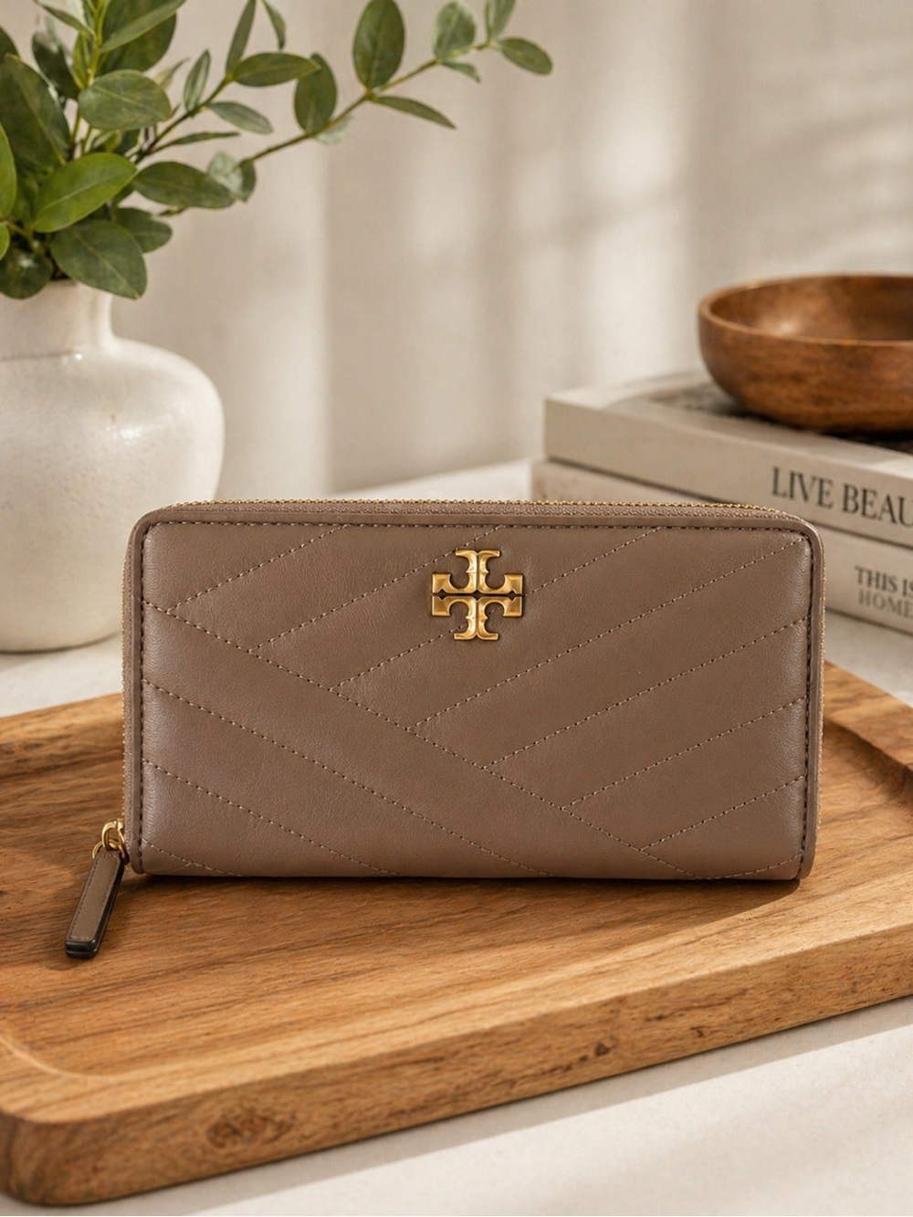 Tory Burch Kira Zip Continental Wallet Quilted in Taupe